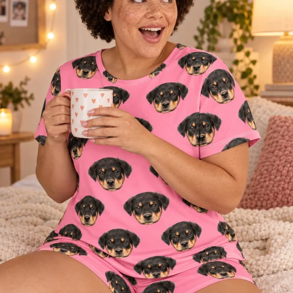 Woman sitting in summer PJs covered in Rottweiler puppy faces — MyDogPics