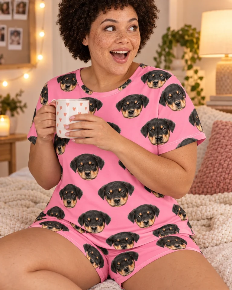 Woman sitting in summer PJs covered in Rottweiler puppy faces — MyDogPics