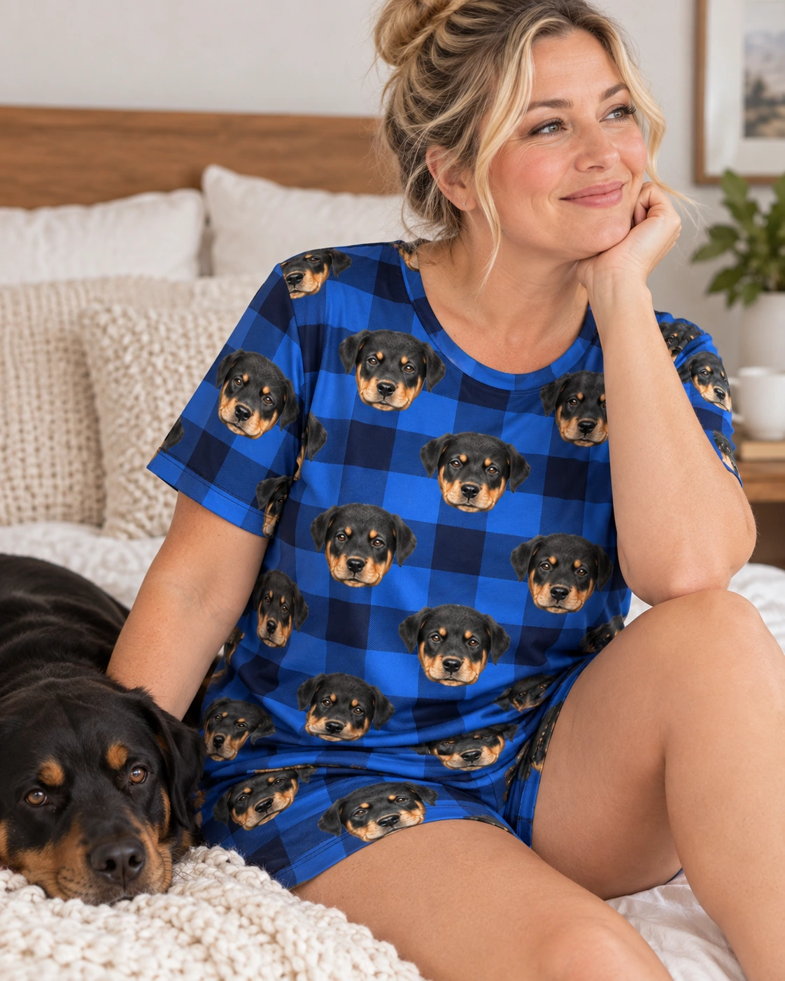 Summer PJs – With Dog, Blue Plaid | MyDogPics Woman in summer PJs with a Rottweiler — MyDogPics