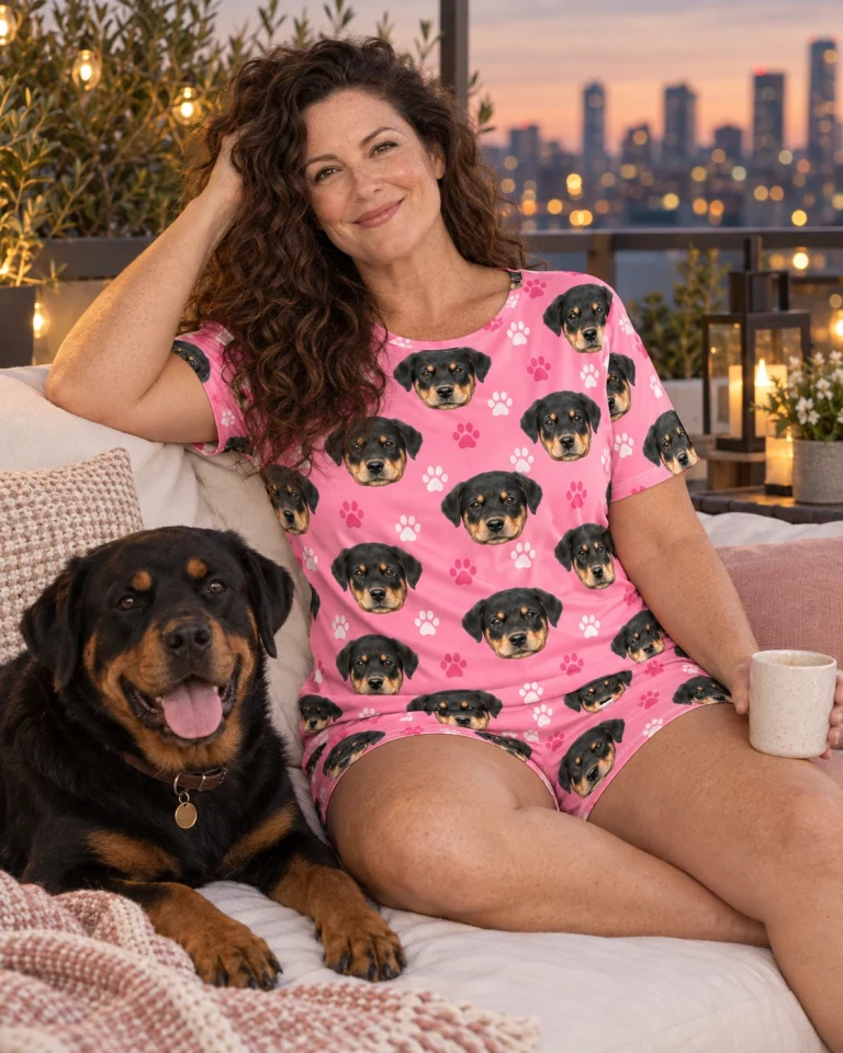 Woman in summer PJs with a Rottweiler — MyDogPics