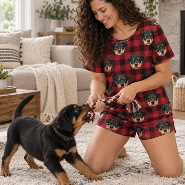 Woman in summer PJs with her Rottweiler puppy — MyDogPics