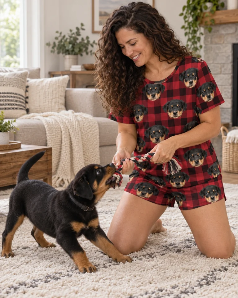 Woman in summer PJs with her Rottweiler puppy — MyDogPics