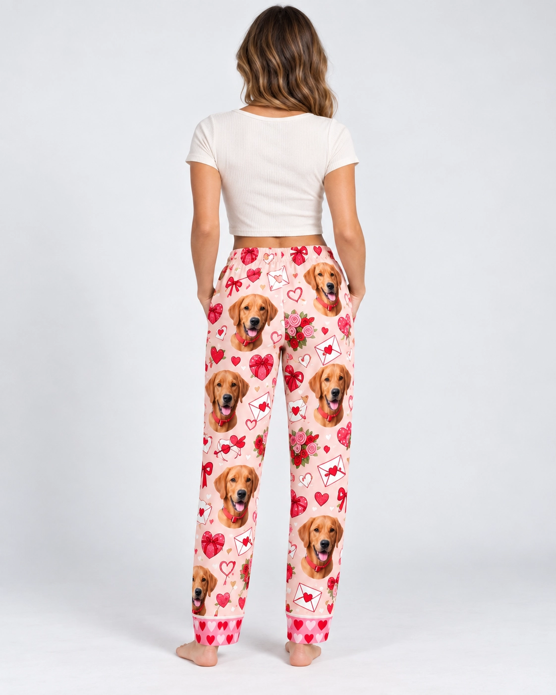 Valentine Pajama Pants – Back View | MyDogPics Back view of Valentine pajama pants: the print continues all the way round — MyDogPics