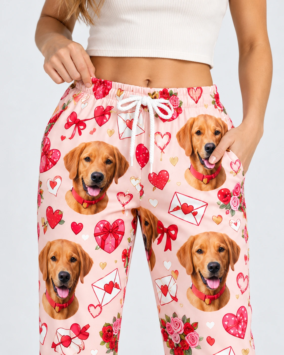 Valentine Pajama Pants – Print Close-Up | MyDogPics Close-up of the Valentine pajama pants print: golden retriever faces on a pink Valentine hearts print — MyDogPics