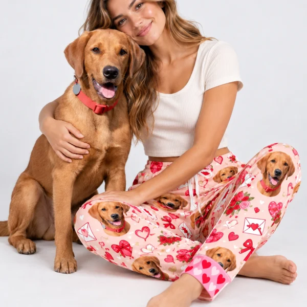 Woman in Valentine pajama pants cuddling her golden retriever — MyDogPics