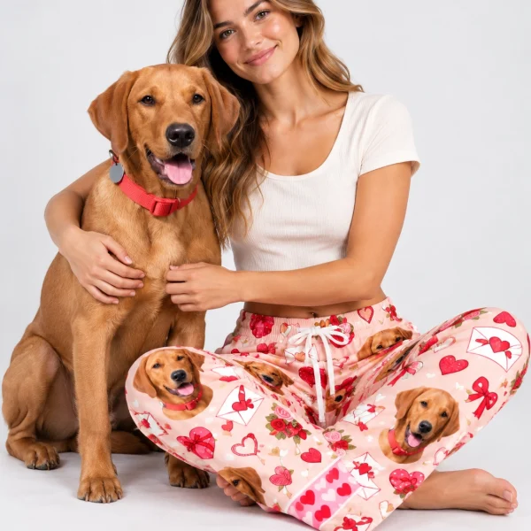 Woman in Valentine pajama pants cuddling her golden retriever — MyDogPics