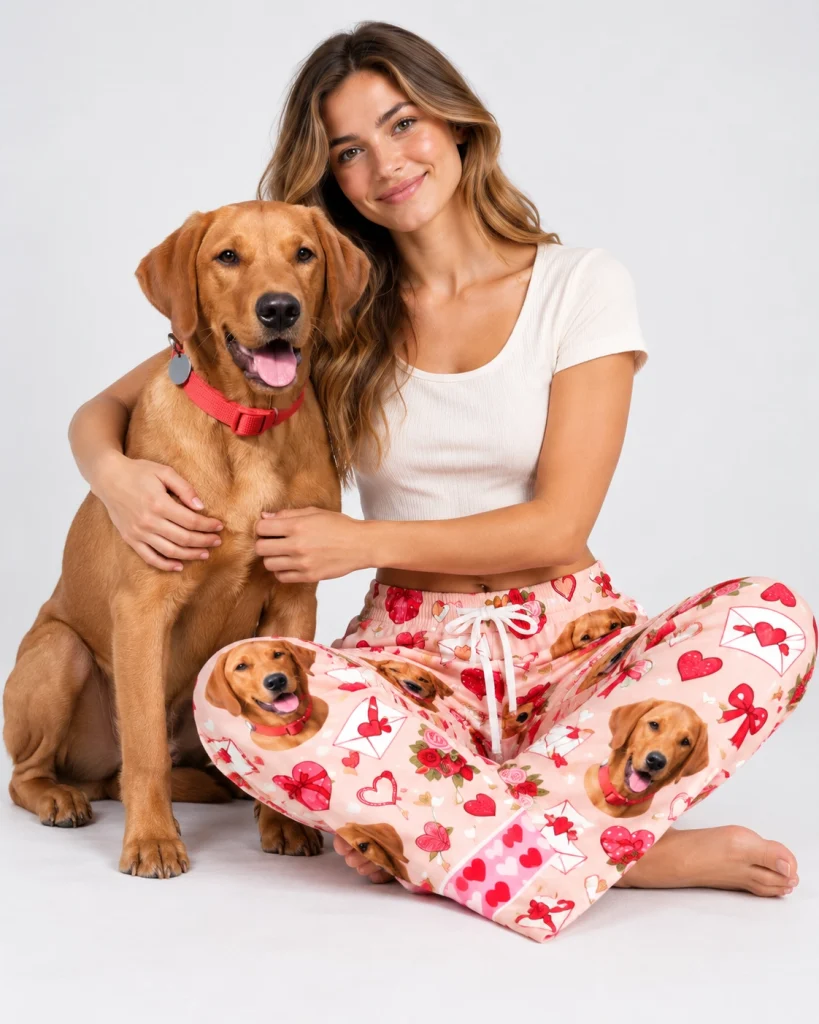 Woman in Valentine pajama pants cuddling her golden retriever — MyDogPics