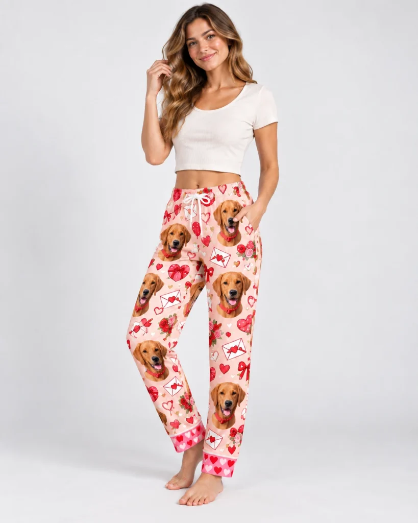 Woman posing in Valentine pajama pants, golden retriever faces on a pink Valentine hearts print — MyDogPics