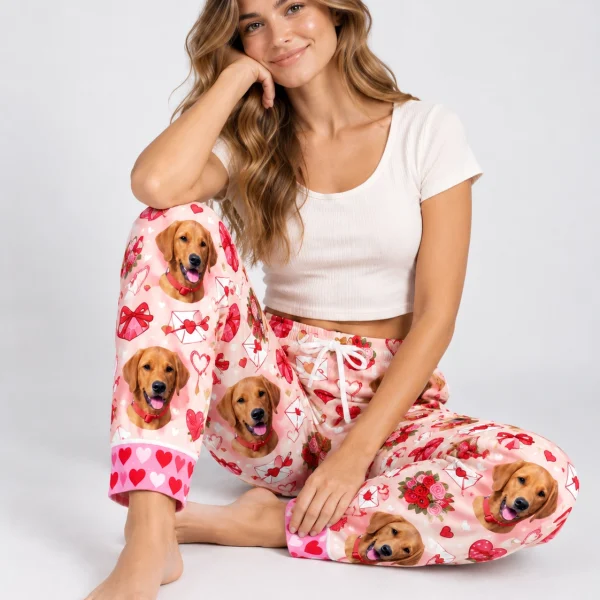 Woman sitting in Valentine pajama pants covered in golden retriever faces — MyDogPics