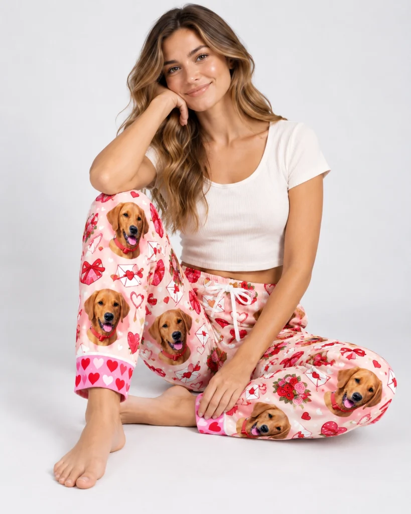 Woman sitting in Valentine pajama pants covered in golden retriever faces — MyDogPics