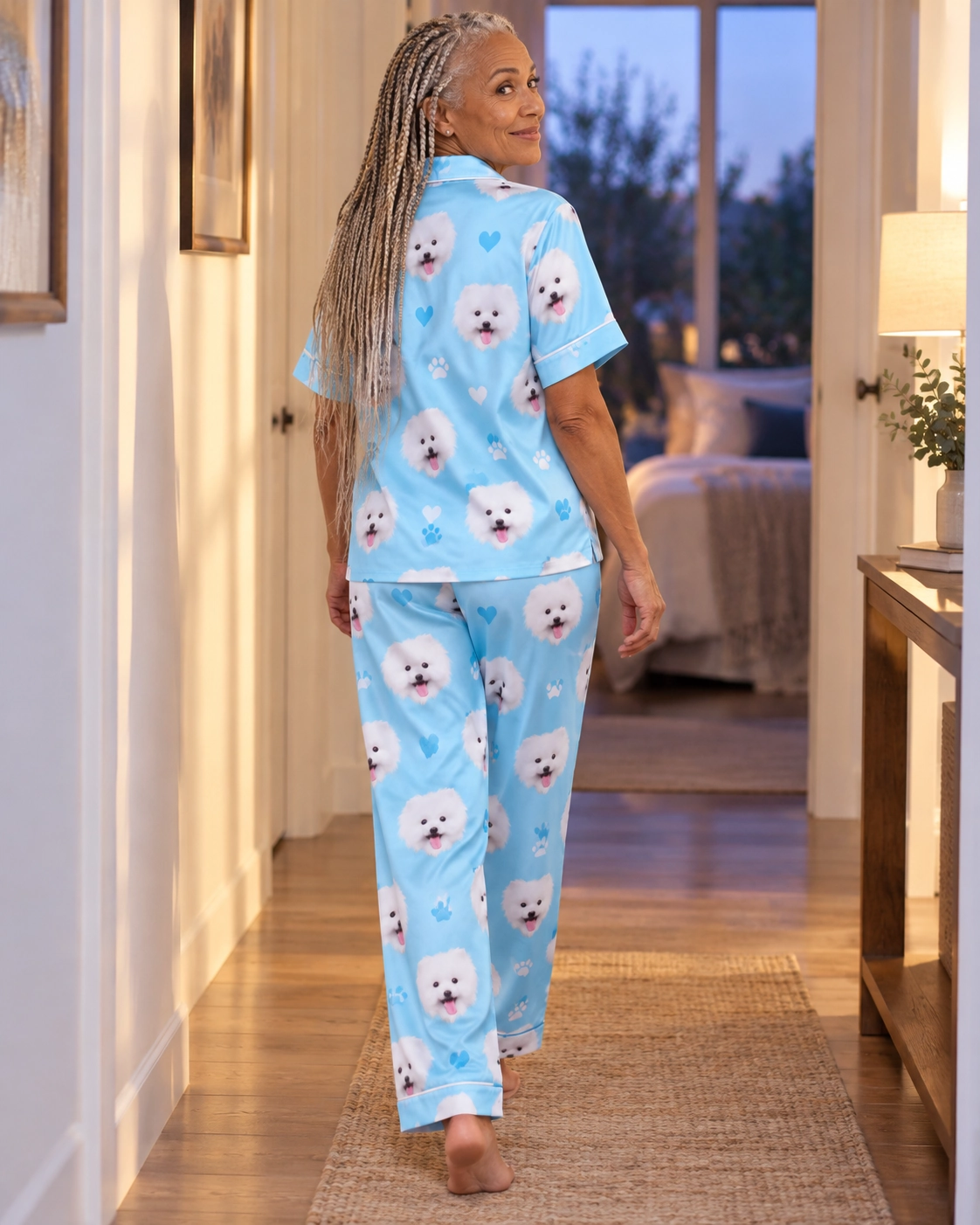 Valentines Day Pajamas – Back View, Light Blue Paw-Print | MyDogPics Back view of Valentines day pajamas: the print continues all the way round — MyDogPics