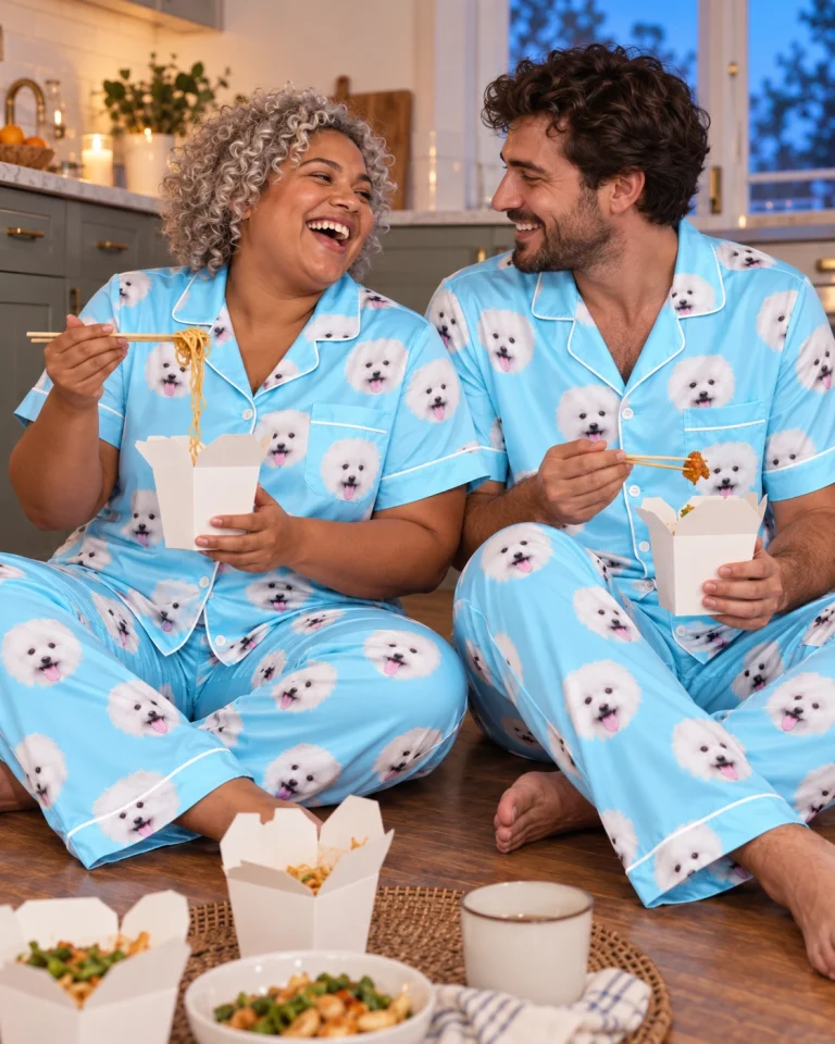 Woman and her partner in matching Valentines day pajamas with white Pomeranian faces on light blue satin — MyDogPics