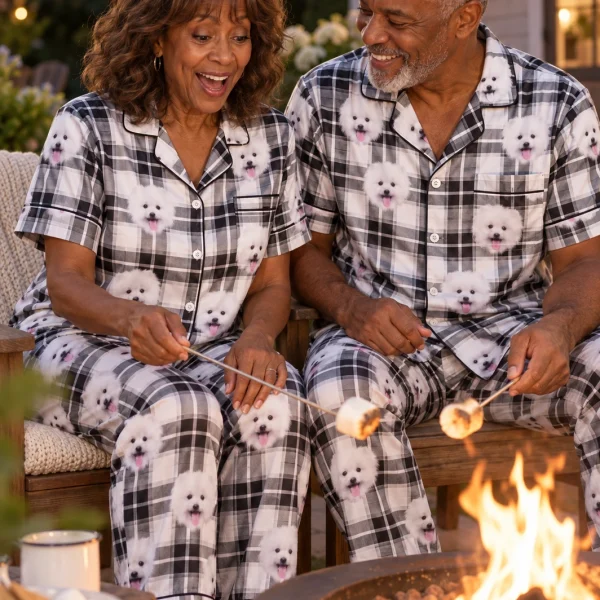Woman and her partner in matching Valentines day pajamas with white Pomeranian faces on white plaid satin — MyDogPics