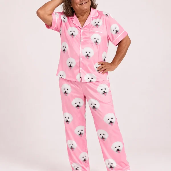 Man wearing Valentines day pajamas covered in white Pomeranian faces on pink satin — MyDogPics