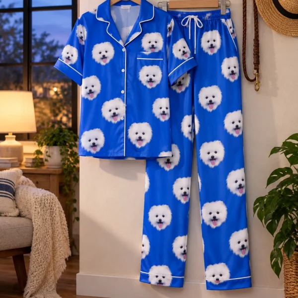 Valentines day pajamas shirt and pants hanging up, covered in white Pomeranian faces — MyDogPics