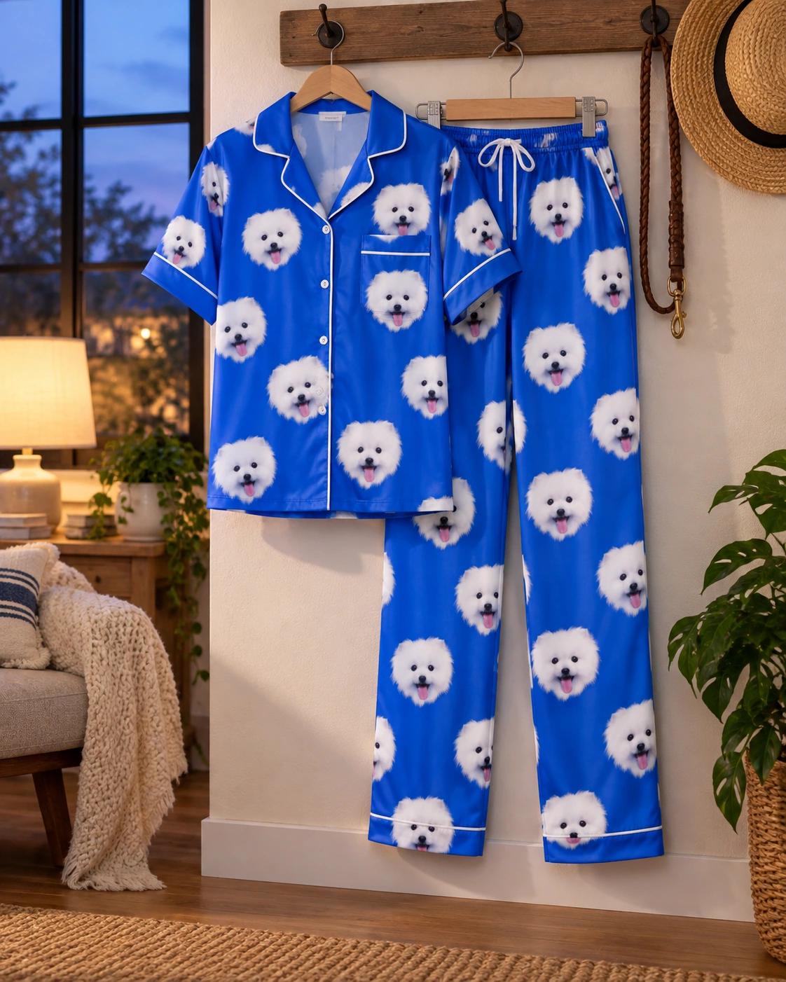 Valentines Day Pajamas – Hanging, Royal Blue | MyDogPics Valentines day pajamas shirt and pants hanging up, covered in white Pomeranian faces — MyDogPics