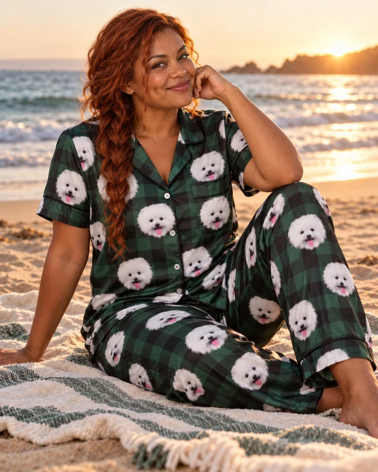 Woman sitting in Valentines day pajamas covered in white Pomeranian faces — MyDogPics