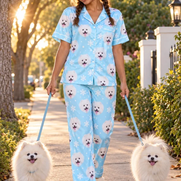 Woman in Valentines day pajamas with her Pomeranian — MyDogPics