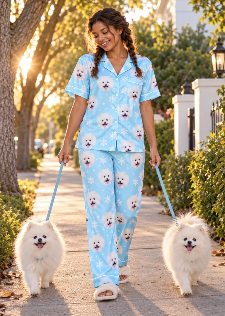Woman in Valentines day pajamas with her Pomeranian — MyDogPics