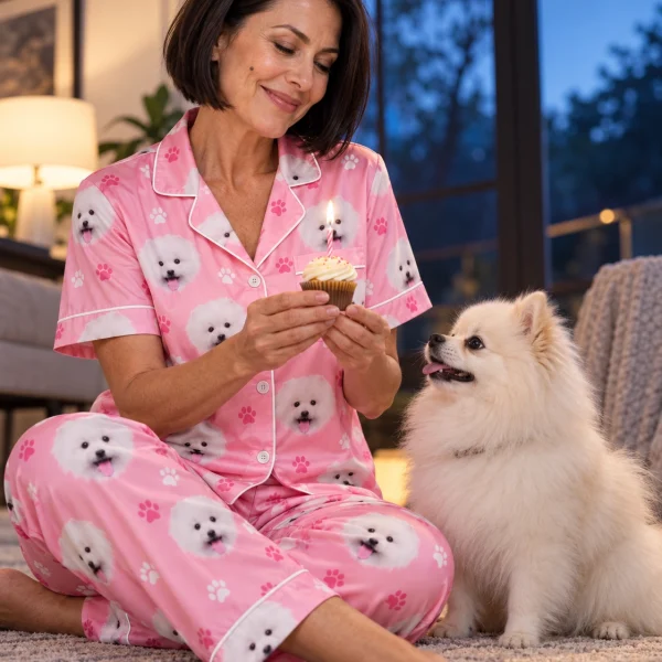 Woman in Valentines day pajamas with her Pomeranian — MyDogPics