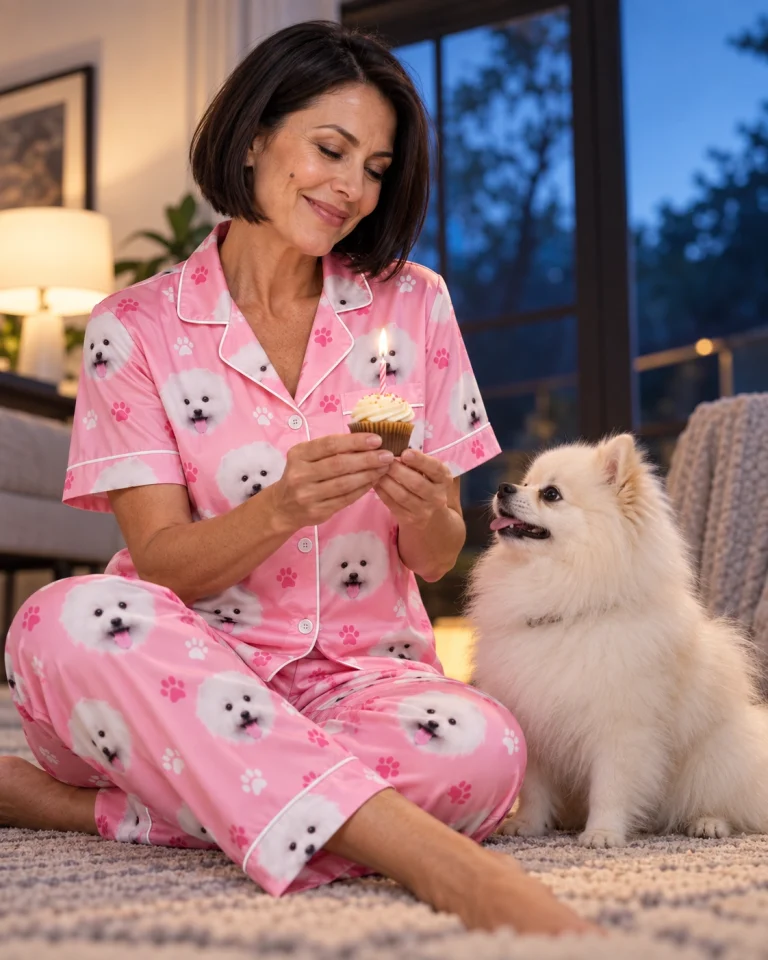 Woman in Valentines day pajamas with her Pomeranian — MyDogPics