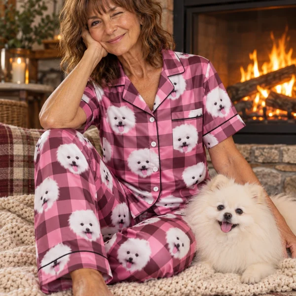 Woman in Valentines day pajamas with her Pomeranian — MyDogPics