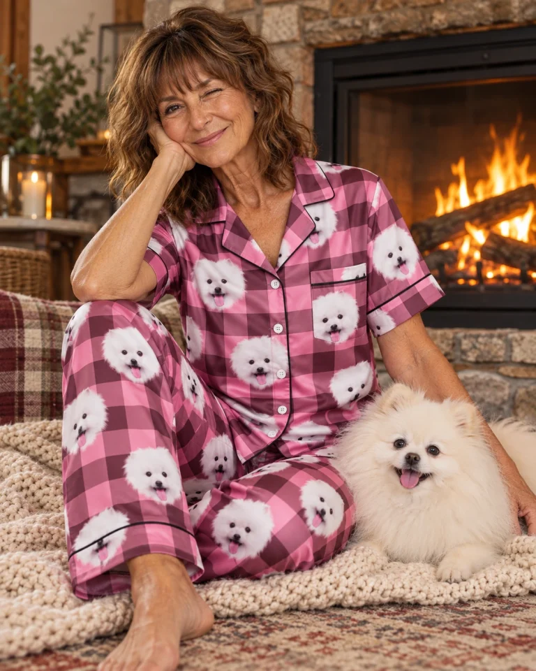 Woman in Valentines day pajamas with her Pomeranian — MyDogPics