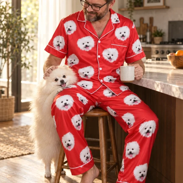 Man in Valentines day pajamas with his Pomeranian — MyDogPics