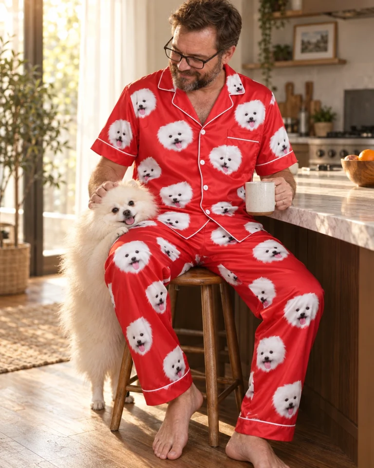 Man in Valentines day pajamas with his Pomeranian — MyDogPics