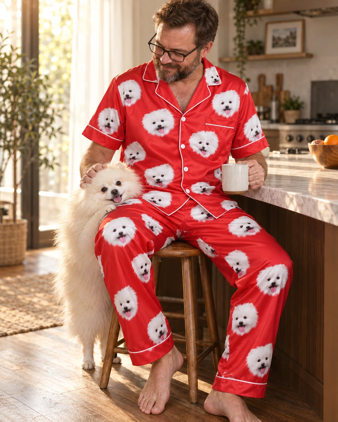 Valentines Day Pajamas – With Dog, Red | MyDogPics Man in Valentines day pajamas with his Pomeranian — MyDogPics