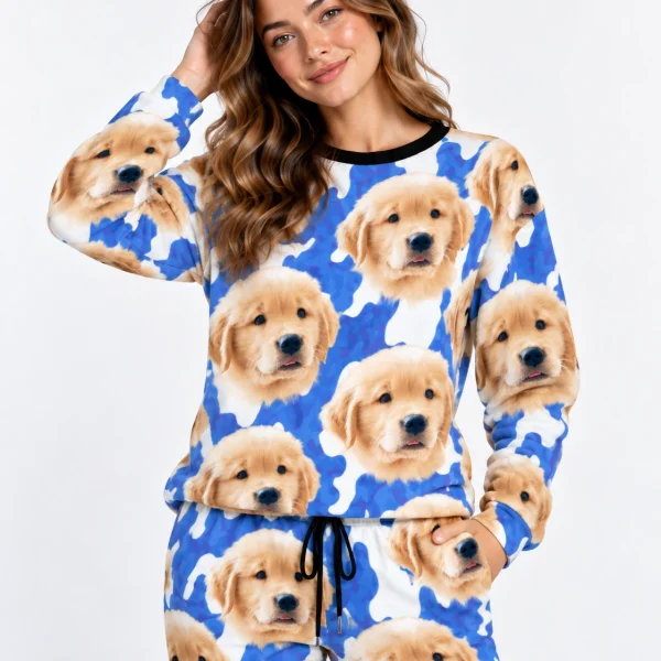 Close-up of the warm pajamas print: golden retriever puppy faces on a blue and white spot print — MyDogPics
