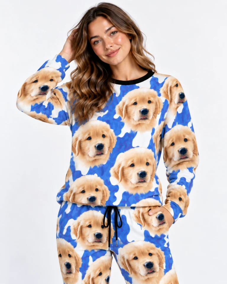 Close-up of the warm pajamas print: golden retriever puppy faces on a blue and white spot print — MyDogPics