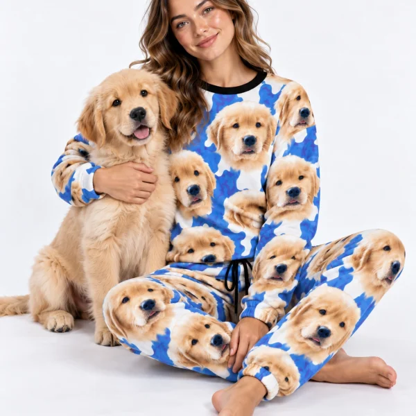 Woman in warm pajamas cuddling her golden retriever puppy — MyDogPics
