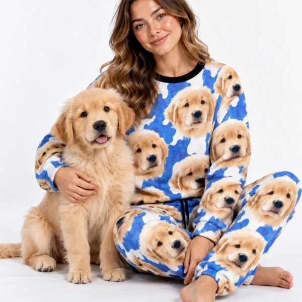 Woman in warm pajamas cuddling her golden retriever puppy — MyDogPics