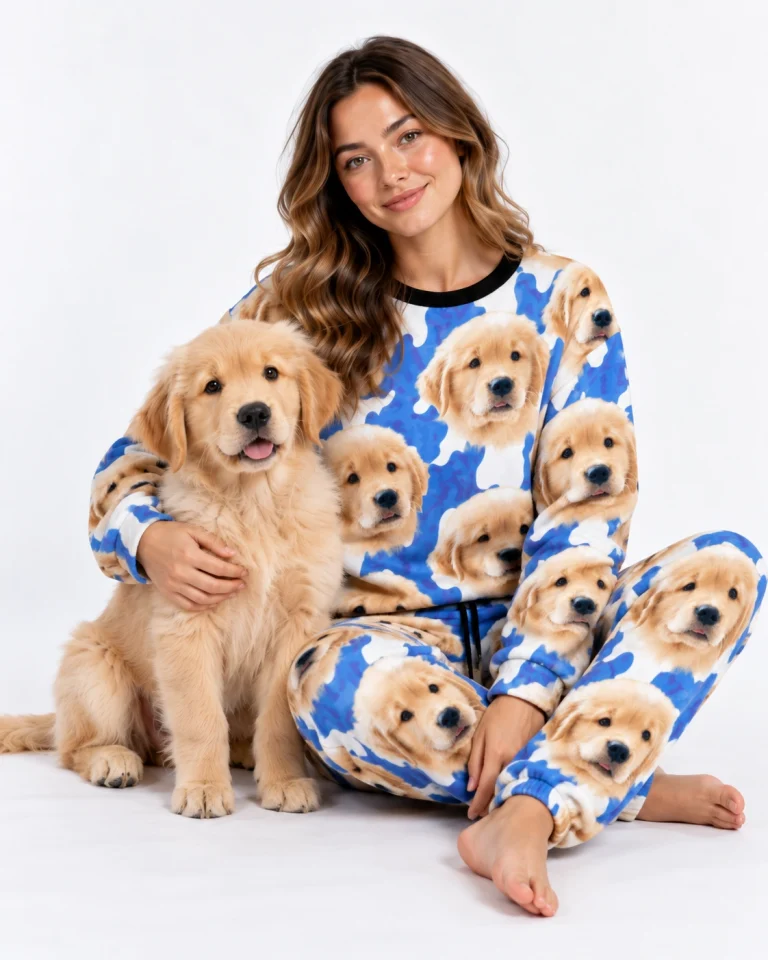 Woman in warm pajamas cuddling her golden retriever puppy — MyDogPics