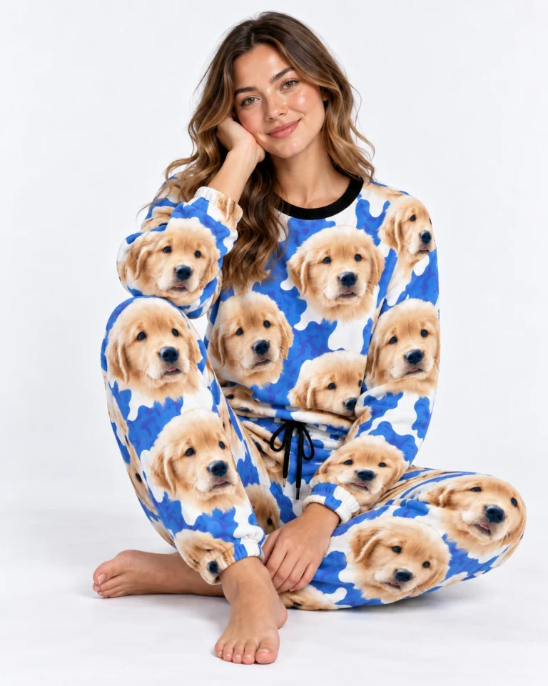 Woman sitting in warm pajamas covered in golden retriever puppy faces — MyDogPics