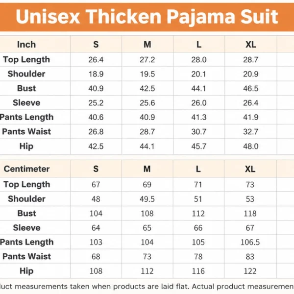 Warm pajamas size chart — top and pants (S–5XL) in inches and cm — MyDogPics