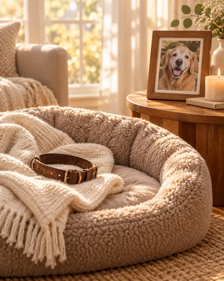 Empty dog bed, collar, framed photo and candle: a quiet start to what to do when your dog dies — MyDogPics