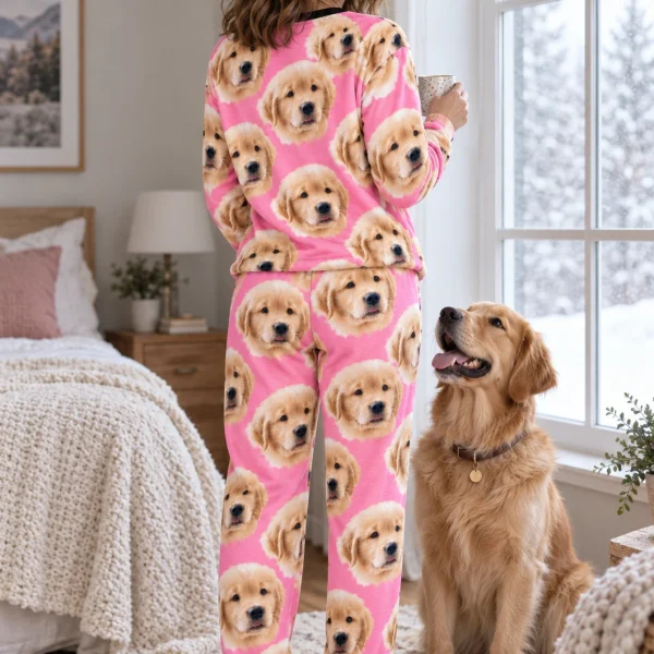 Back view of womens Christmas pajamas: the print continues all the way round — MyDogPics
