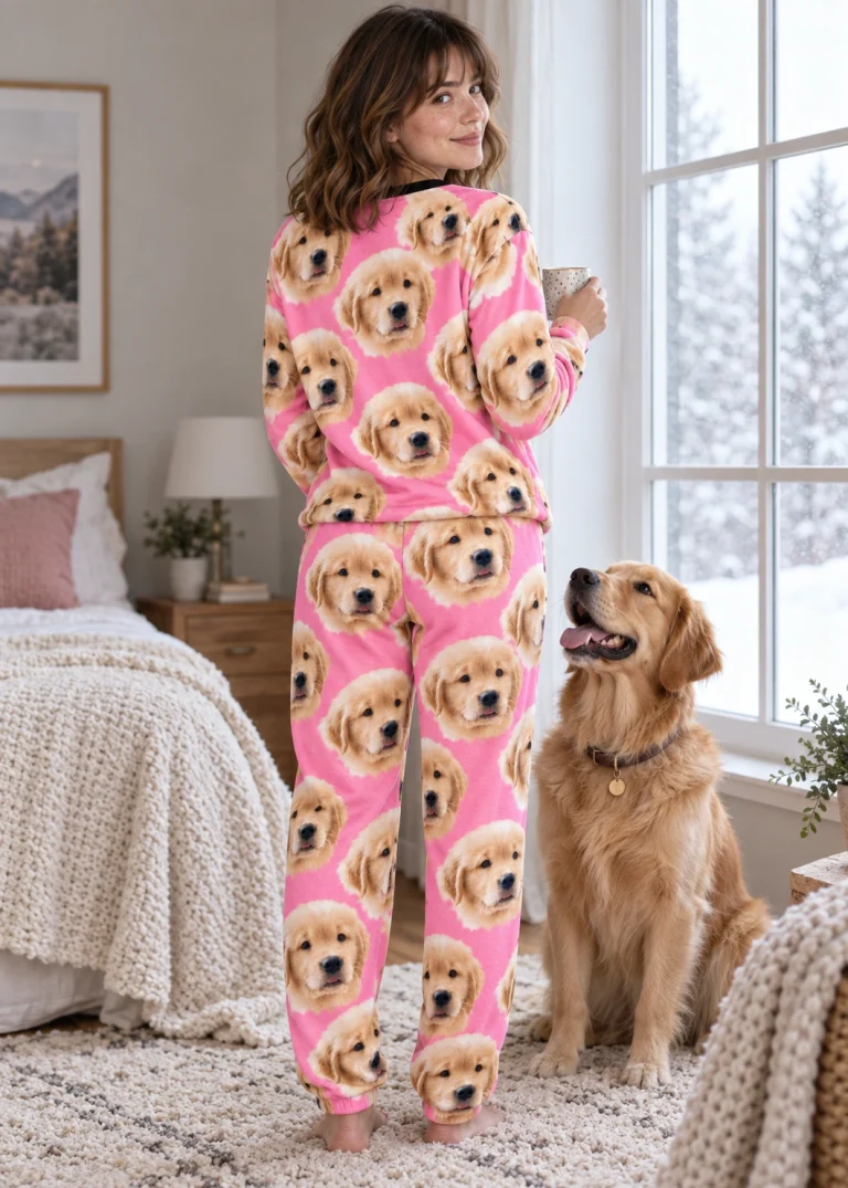 Back view of womens Christmas pajamas: the print continues all the way round — MyDogPics