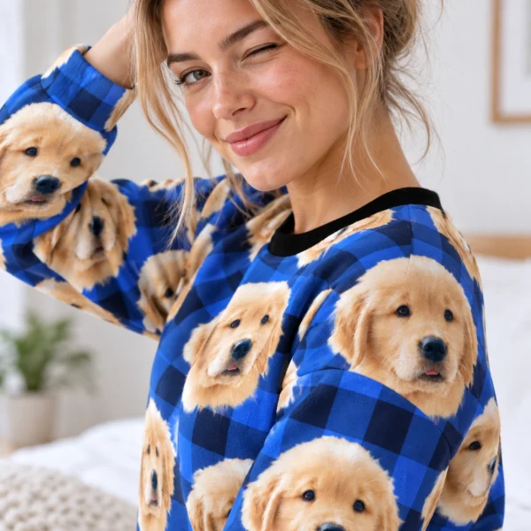 Close-up of the womens Christmas pajamas print: golden retriever puppy faces on blue plaid fabric — MyDogPics