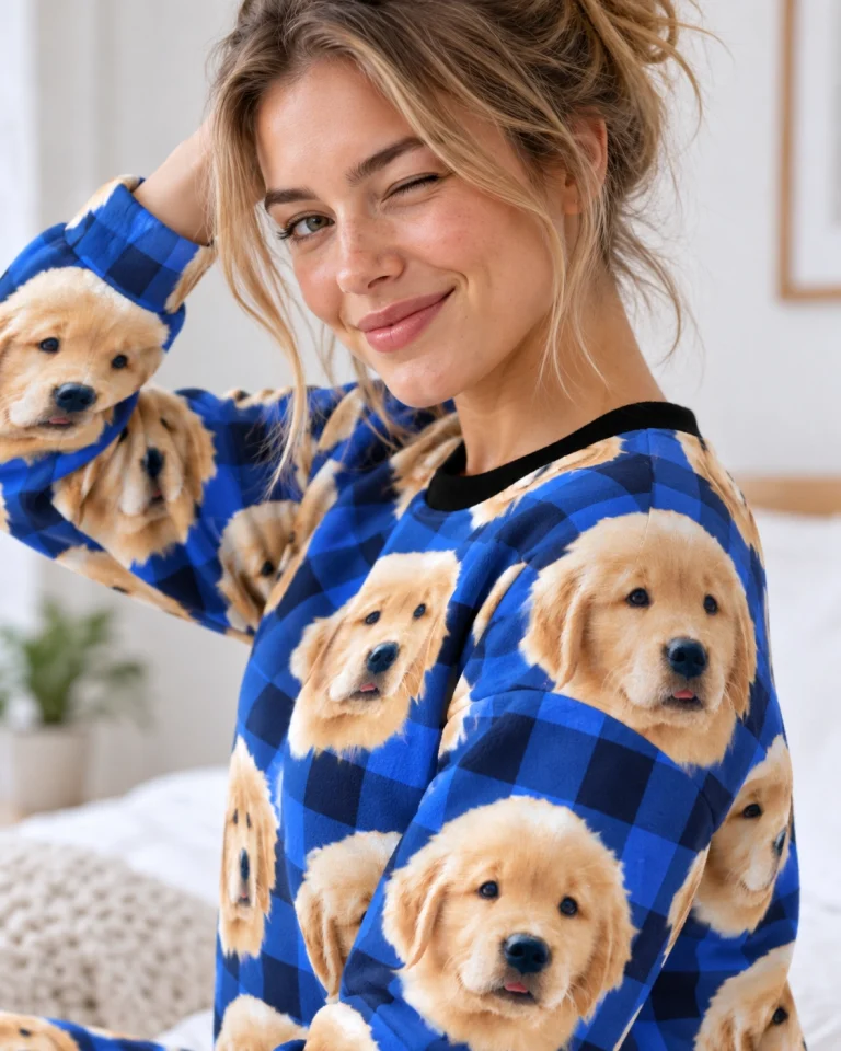 Close-up of the womens Christmas pajamas print: golden retriever puppy faces on blue plaid fabric — MyDogPics