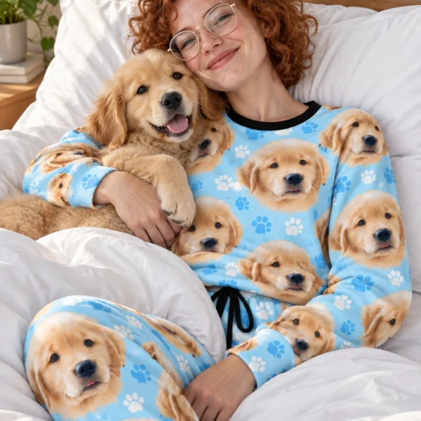 Woman in womens Christmas pajamas cuddling her golden retriever puppy — MyDogPics