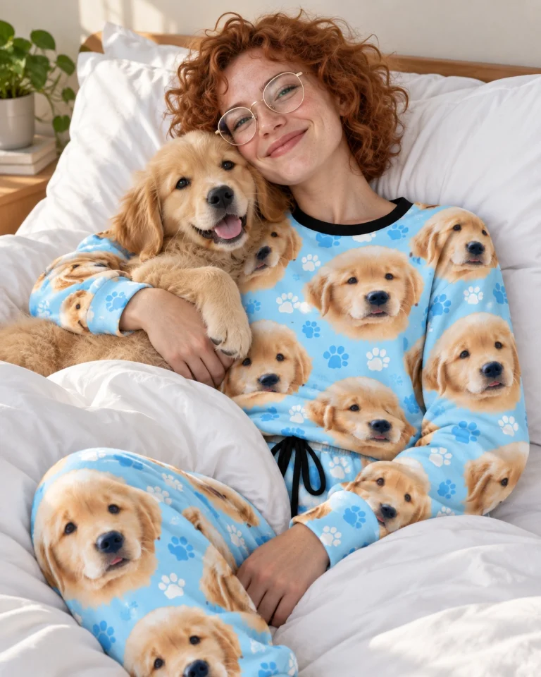 Woman in womens Christmas pajamas cuddling her golden retriever puppy — MyDogPics