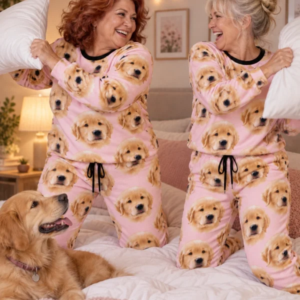 Woman and a friend in matching womens Christmas pajamas with golden retriever puppy faces on blush pink fabric — MyDogPics