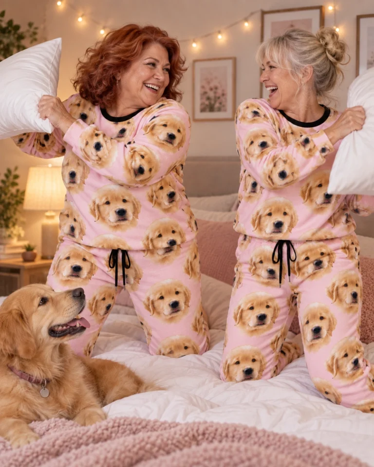 Woman and a friend in matching womens Christmas pajamas with golden retriever puppy faces on blush pink fabric — MyDogPics
