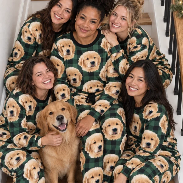 Woman and friends in matching womens Christmas pajamas with golden retriever puppy faces on green plaid fabric — MyDogPics