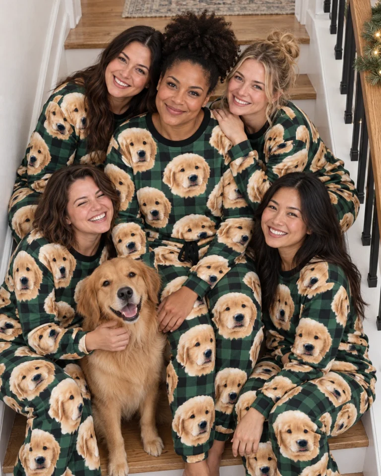 Woman and friends in matching womens Christmas pajamas with golden retriever puppy faces on green plaid fabric — MyDogPics