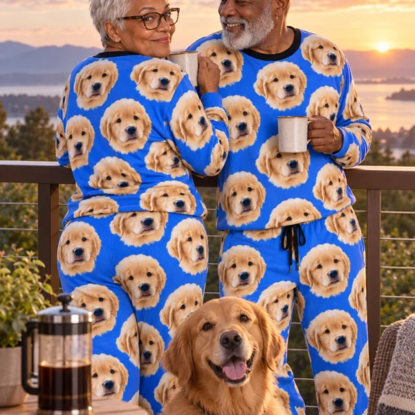 Woman and her partner in matching womens Christmas pajamas with golden retriever puppy faces on royal blue fabric — MyDogPics