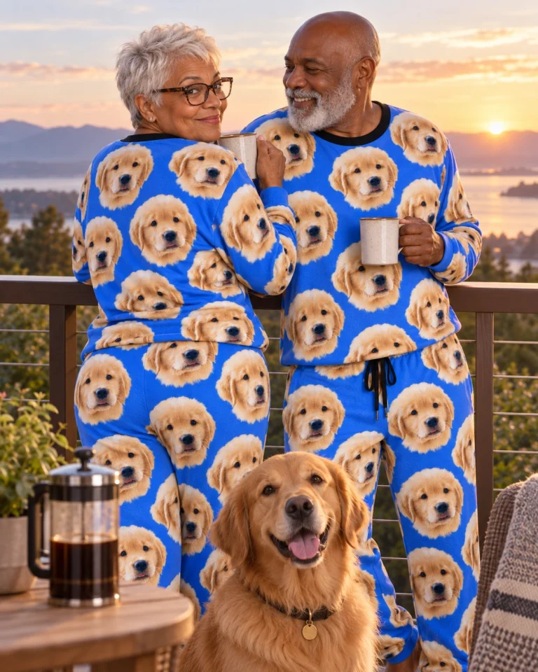 Woman and her partner in matching womens Christmas pajamas with golden retriever puppy faces on royal blue fabric — MyDogPics